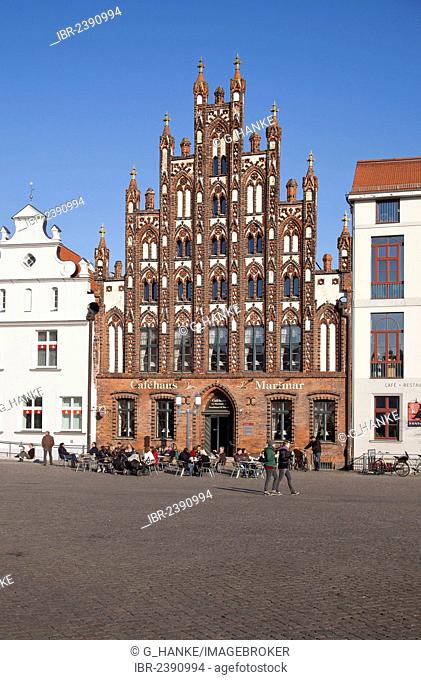 Marimar Café in the historic building with a brick gable, market square of Greifswald, Mecklenburg-Western Pomerania, Germany, Europe