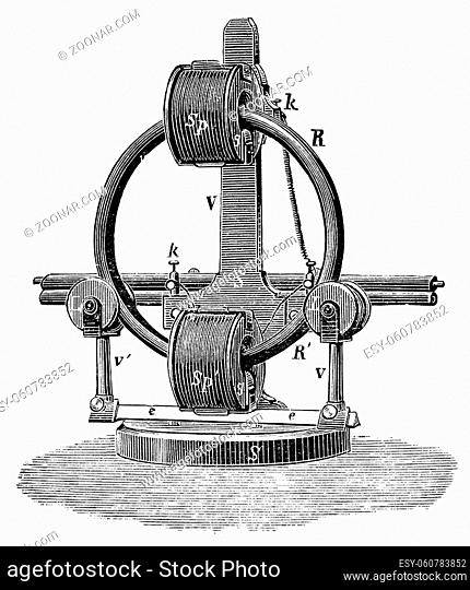 Gramme machine by a Belgian electrical engineer Zenobe Theophile Gramme. Illustration of the 19th century. Germany. White background