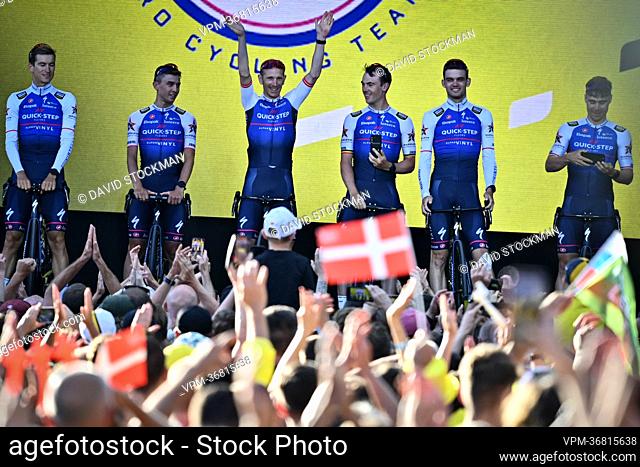 Quick-Step Alpha Vinyl riders pictured during the team presentation ahead of the 109th edition of the Tour de France cycling race, in Copenhagen, Denmark