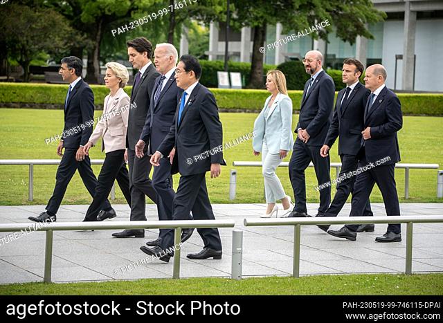 19 May 2023, Japan, Hiroshima: Rishi Sunak, Prime Minister of Great Britain, Ursula von der Leyen, EU Commission President, Justin Trudeau
