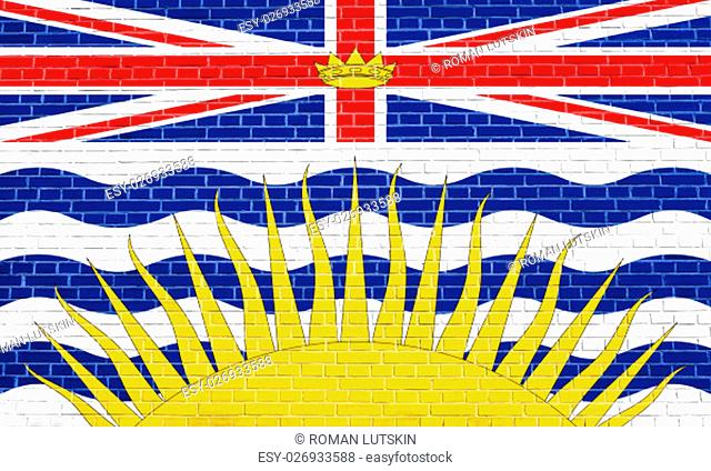 Canadian provincial BC patriotic element and official symbol. Canada banner and background. Flag of the Canadian province of British Columbia on brick wall...