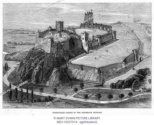 A reconstruction of Nottingham Castle as it appeared during the sixteenth century. The River Trent flows at the foot of the hill which it dominates
