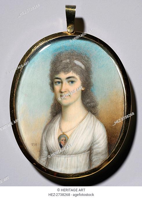 Portrait of a Woman Wearing a Miniature, c. 1780. Creator: Thomas Hazlehurst (British, c. 1740-c. 1821)