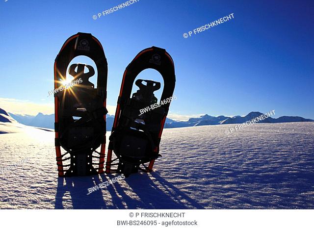 pair of snow shoes stuck into an untouched snow field at sunset in front of winterly snow-covered Fusshorns Gross Fusshorn 3627 m at the Aletsch region
