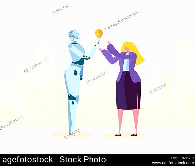 Creative Robot Help Businesswoman make Good Solution. Ai Imagination Create Futuristic Idea. New level of Automation. Flat Cartoon Vector Illustration