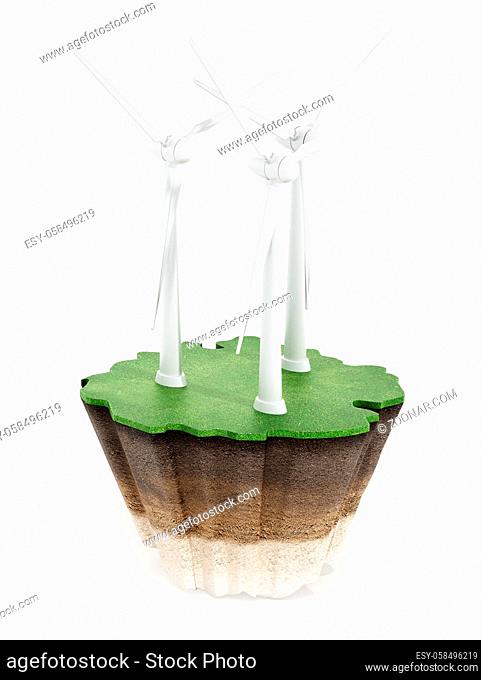 Wind turbines on the grass isolated on white background