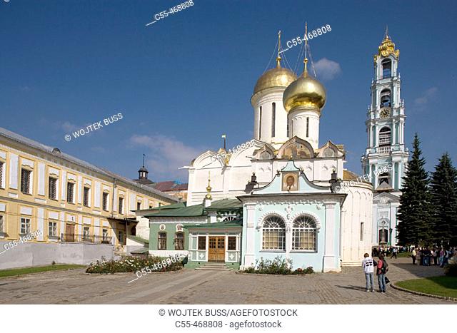 Trinity Cathedral (1422-1423) and bell tower (1740-70), Holy Trinity-St. Sergius Lavra (monastery), Sergiyev Posad. Golden Ring, Russia