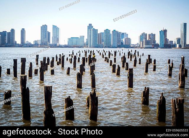 New York skyline cityscape from one of the banks of the Hudson River in NYC