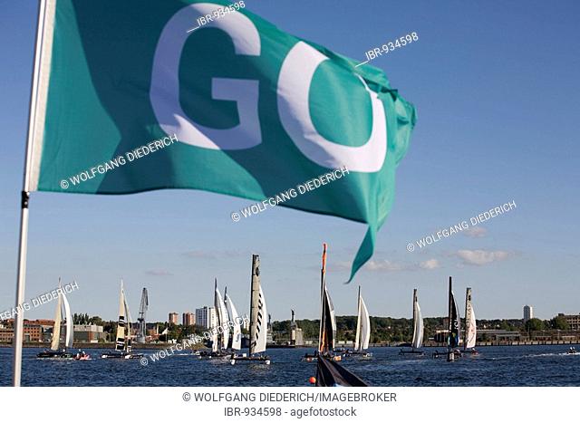 Start flag, catamarans, iShares Cup 2008, Kiel, Schleswig-Holstein, Germany, Europe