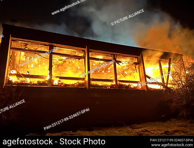 17 December 2023, Hamburg: Flames blaze inside a vacant hotel. The emergency services were called to the fire in the Harburg district late on Saturday evening