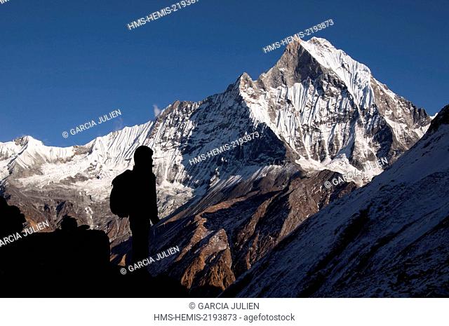 Nepal, Gandaki, Annapurna region, silhouette of a trekker in front of the holy Machapuchare mountain viewed from the Annapurna Base Camp