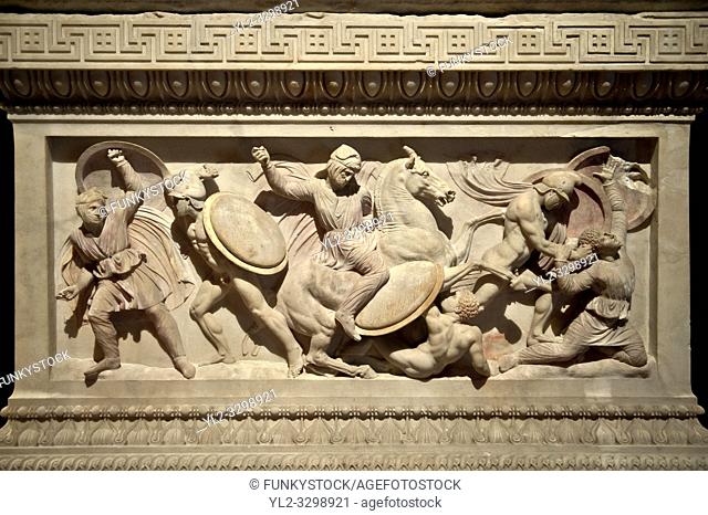 Greek relief sculptures of a battle on Alexander The Great ( Alexander III of Macedon )4th Cent BC. Sarcophagus calved from Pentelic Marble from the Royal...