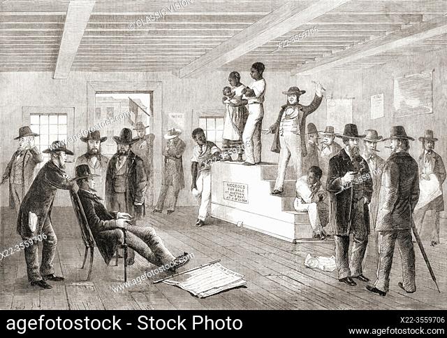 A slave auction in Virginia, USA, in the mid 19th-century. After an illustration by an unidentified artist in the Illustrated London News, February 16, 1861