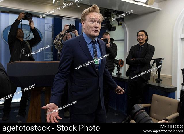 US comedian and television host Conan O'Brien speaks with members of the news media in the James Brady Press Briefing Room during a visit to the White House in...