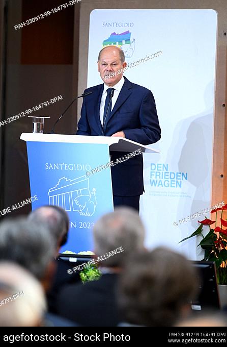 12 September 2023, Berlin: German Chancellor Olaf Scholz (SPD) speaks at the International Meeting of the Christian Community of Sant'Egidio