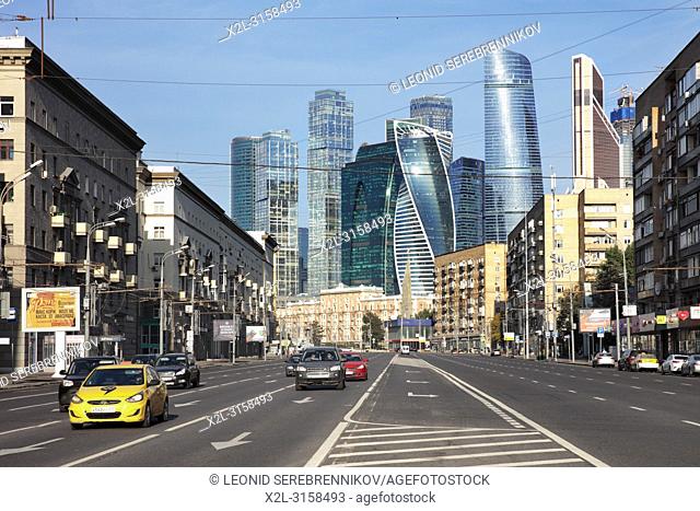 View of Dorogomilovskaya street and modern high-rise buildings of Moscow International Business Centre (MIBC). Moscow, Russia