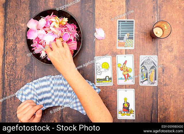 15th of september, 2021, Antwerp, Belgium, Magical scene, esoteric concept, fortune telling, tarot cards on a table. The concept of divination