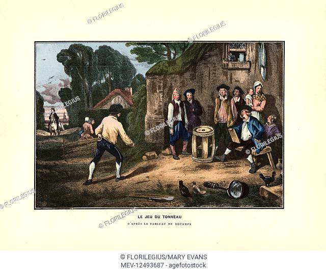 The game of tonneau (a throwing game where players try to throw pellets into a barrel with small holes in the top). Handcoloured lithograph after Decamps from...