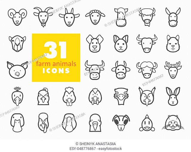 Set of farm animals outline icons. Vector head illustration. eps 10