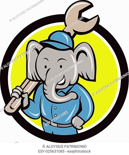 Illustration of an elephant mechanic holding spanner on shoulder viewed from front set inside circle on isolated background done in cartoon style