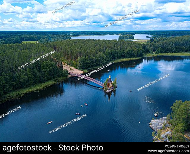 Russia, Leningrad Oblast, Aerial view of Church of Saint Andrew at Vuoksa in summer