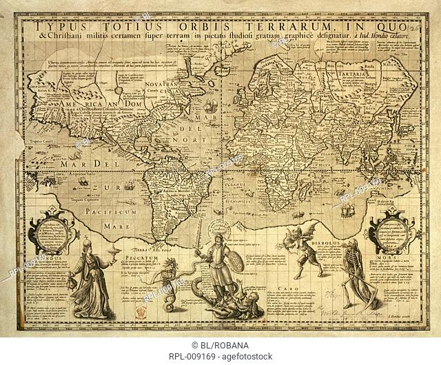 Map of the world, Typus totius Orbis Terrarum in quo & Christiani militis ...Along the bottom of the map are finely engraved figures of a Christian knight...