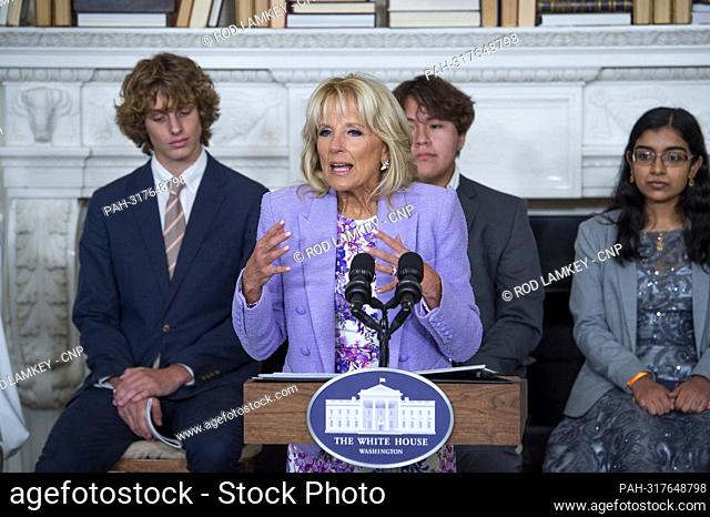 First lady Dr. Jill Biden welcomes and introduces the Class of 2022 National Student Poets Program for a brief poetry reading, facilitated by Ada Limón