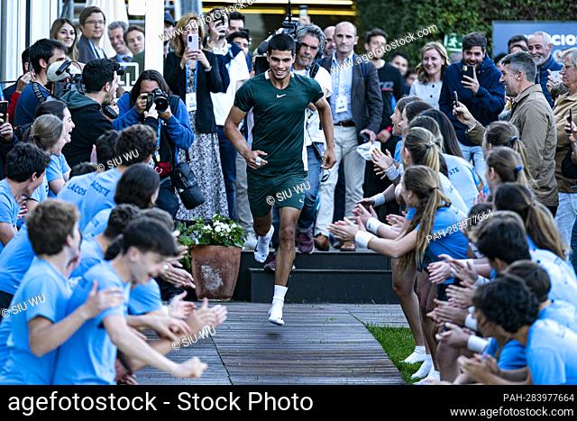 Carlos Alcaraz of Spain jump into the pool with the ballboys following the Barcelona Open Banc Sabadell tennis match at the Real Club de Tenis Barcelona on...