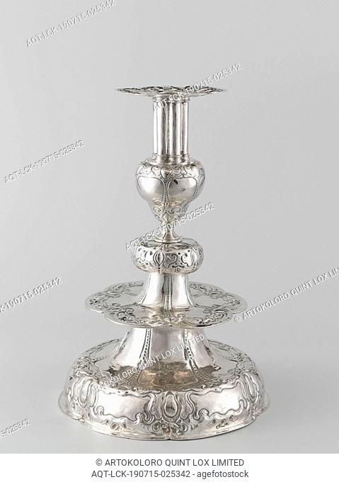 Three candlesticks Silver candlestick, Silver candlestick. The round, lobed foot is decorated with driven lobe ornaments