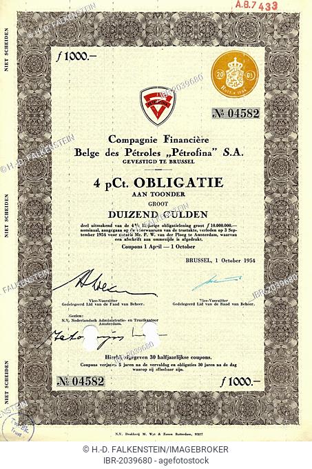 Historical share certificate, value 1000 Guilders, Compagnie Financiere Belge des Petroles Petrofina SA, petroleum production, petrol stations