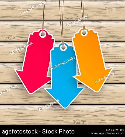 Infographic with colored price stickers arrow on the wooden background. Eps 10 vector file