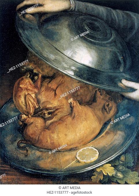 'The Cook', c1570. This image can be interpreted in two ways, either as a cook taking the lid off a dish of sucking pigs or, if turned upside down
