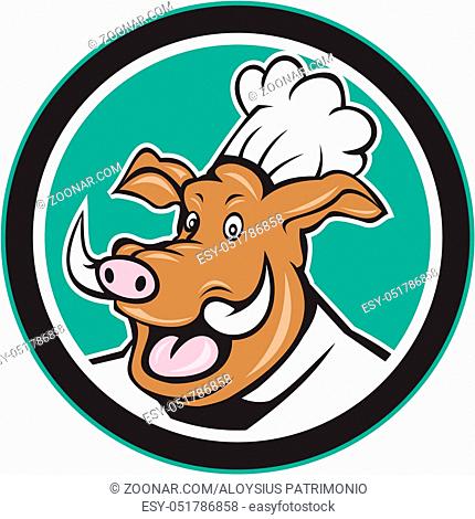 Illustration of a wild pig boar chef cook head set inside circle on isolated background done in cartoon style