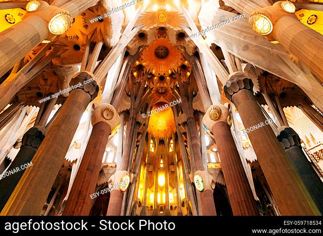 Sagrada Familia interiors - columns, vaults, stained glass and ceiling in Barcelona, Spain. High quality photo