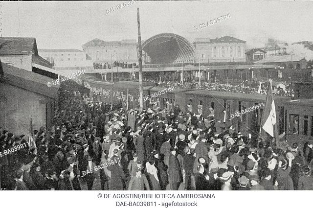 The crowd in Turin station cheering the 50th Infantry's departure for Libya, Italy, Italian-Turkish war, photograph by Ambrosio di Ubertalli and Morsolin