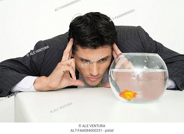 Businessman staring at goldfish in bowl