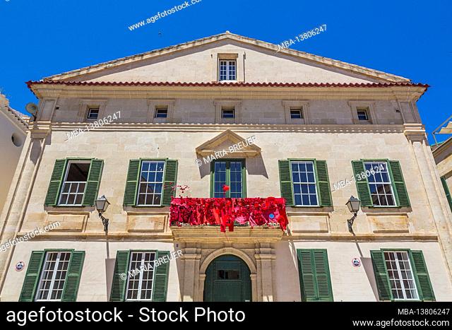Red decorated balcony, Can Mercadal, municipal library, Biblioteca Central Insular, Placa de la Conquesta, Mahon, Mao, Menorca, Spain, Europe