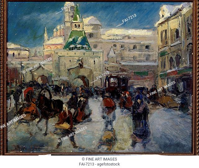 The Ilyinskaya Square in Moscow. Lapshin, Georgi Alexandrovich (1885-1950). Oil on canvas. Russian Painting, End of 19th - Early 20th cen. . 1910s