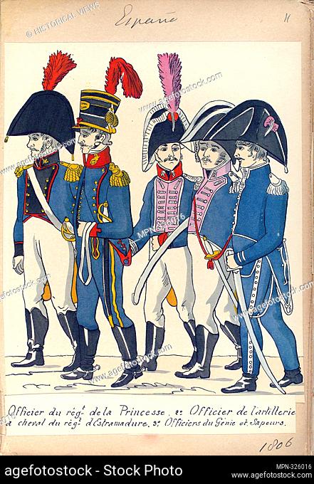1] Officer of the Princess' Reg[imen]t; [2] Officer of the horse artillery of the reg[imen]t of Extremadura; [3] Engineers and Sappers. (1806)