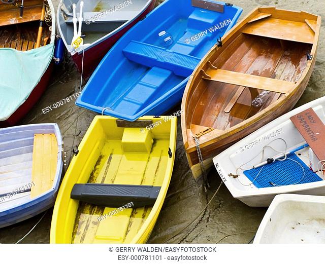 Small dinghies in the harbour at St  Aubin on the island of Jersey in the Channel Islands