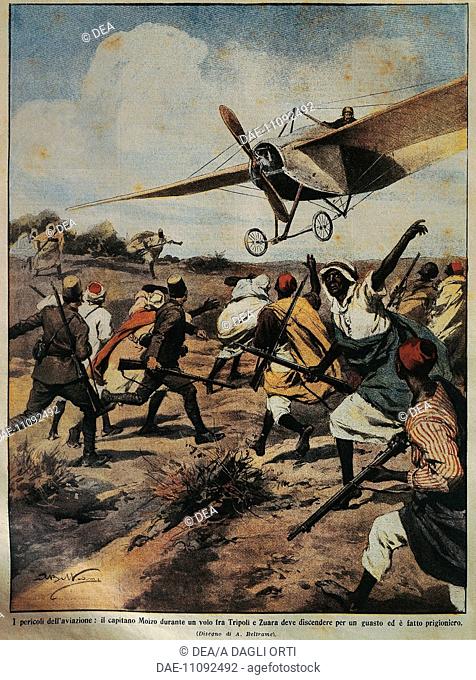 Captain Moizo attempting a crash landing during the African Campaign. Illustrator Achille Beltrame (1871-1945), from La Domenica del Corriere