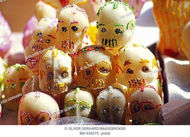Marzipan skull good luck charms at the Day of the Dead Festival during All Saints' Day or All Hallows in Patzcuaro, Michoacan, Mexico, North America