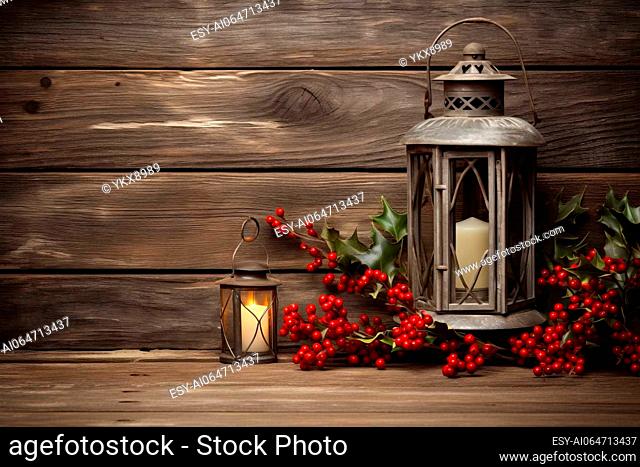 Rustic wooden background with holly berries and a vintage lantern