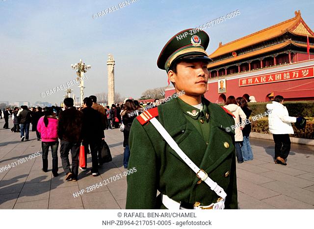 BEIJING - MARCH 11:Chinese soldier guards Tiananmen square on March 11 2009 in Beijing, China It's the third largest square in the world and important site in...
