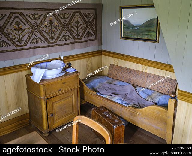 Room with a bed. The historic farm Laufas near Akuryeri, now an open air museum. Europe, Northern Europe, Iceland