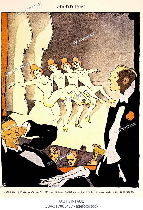 Row of Nude Showgirls, Nude Culture (Nachtkultur), Illustration by Eduard Thony in German Weekly Magazine, Simplicissimus, 1926