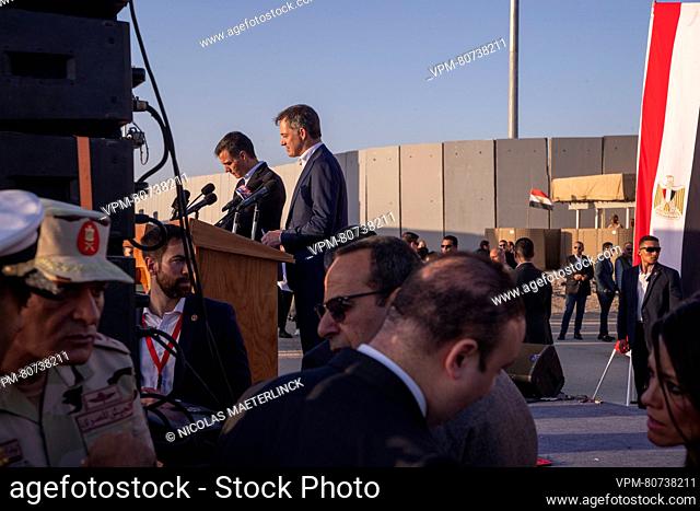 Prime Minister of Spain Pedro Sanchez and Prime Minister Alexander De Croo deliver a speech at the Rafah border crossing during a visit to the city of Rafah