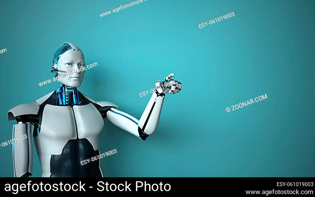 A white humanoid robot in front of a turquoise wall. 3d illustration
