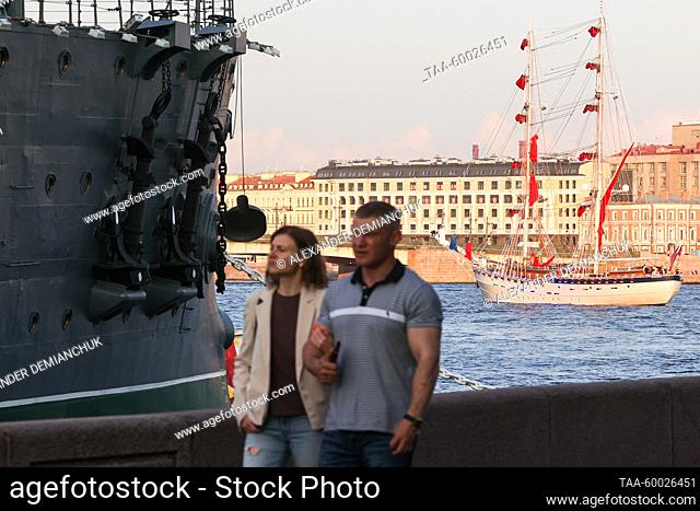 RUSSIA, ST PETERSBURG - JUNE 23, 2023: The Rossiya brig is seen on the Neva River before the start of a dress rehearsal for the Scarlet Sails Festival for high...