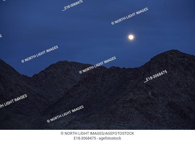 USA, California, Joshua Tree National Park. Moon rising over the Pinto Mountains
